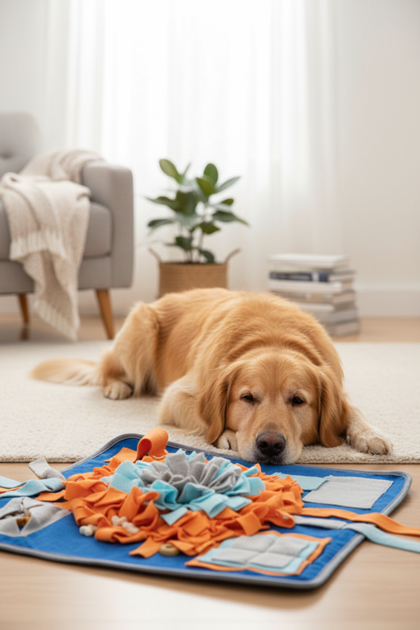 Chien apaisé à côté du tapis à fouiner Doggo Zen